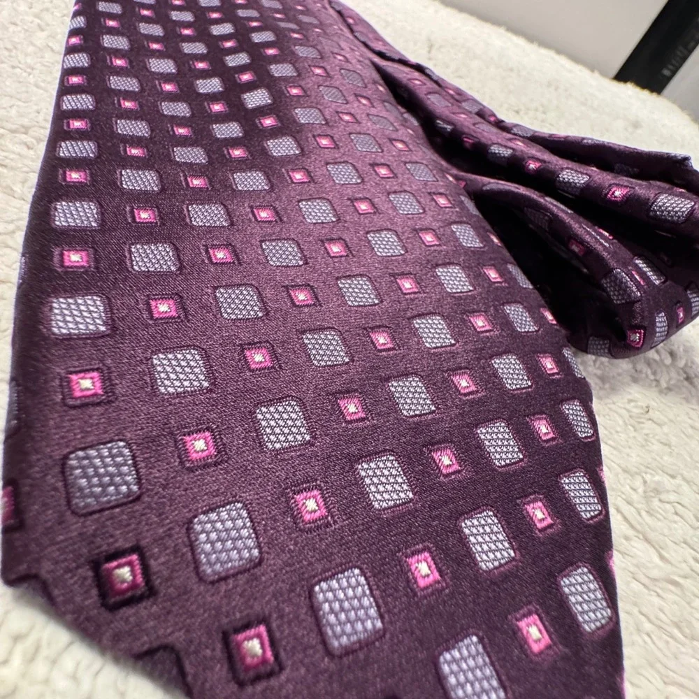 Tasso Elba Tie Purple Pink Geometric Square 100% Silk Handmade Necktie Luxury